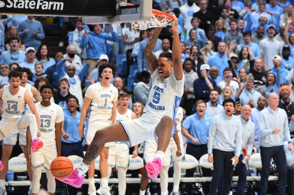 Feb 3, 2024; Chapel Hill, North Carolina, USA; North Carolina Tar Heels forward Armando Bacot (5) scores in the second half at Dean E. Smith Center. Mandatory Credit: Bob Donnan-USA TODAY Sports