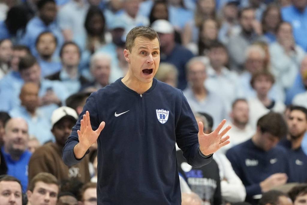 Feb 3, 2024; Chapel Hill, North Carolina, USA;  Duke Blue Devils head coach Jon Scheyer reacts in the second half at Dean E. Smith Center. Mandatory Credit: Bob Donnan-USA TODAY Sports