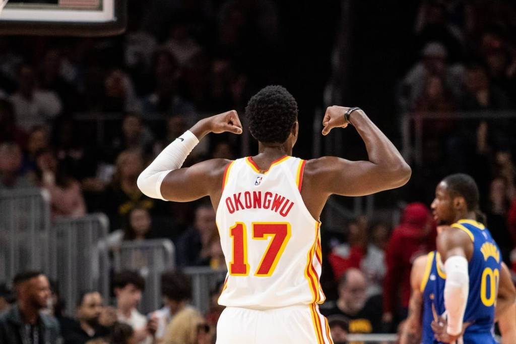 Feb 3, 2024; Atlanta, Georgia, USA; Atlanta Hawks forward Onyeka Okongwu (17) celebrates shot against Golden State Warriors during the third quarter at State Farm Arena. Mandatory Credit: Jordan Godfree-USA TODAY Sports