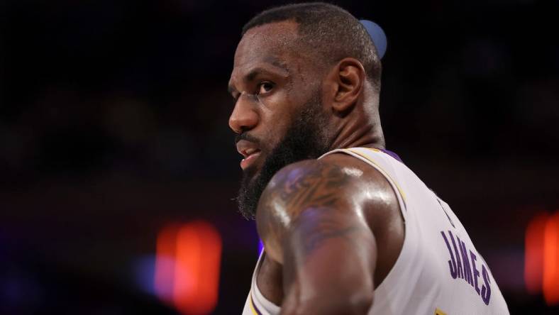 Feb 3, 2024; New York, New York, USA; Los Angeles Lakers forward LeBron James (23) during the fourth quarter against the New York Knicks at Madison Square Garden. Mandatory Credit: Brad Penner-USA TODAY Sports