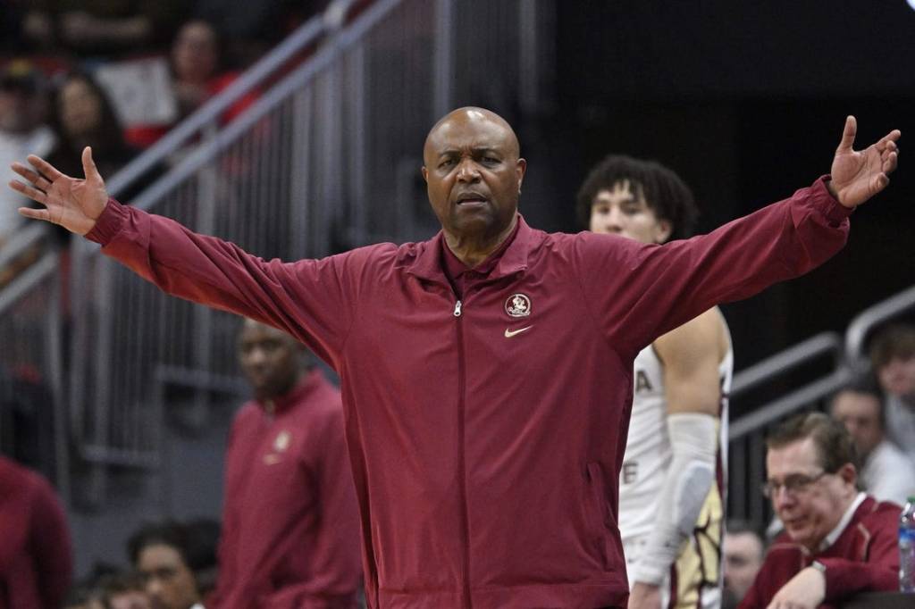 Feb 3, 2024; Louisville, Kentucky, USA; Florida State Seminoles head coach Leonard Hamilton reacts to a call during the second half against the Louisville Cardinals at KFC Yum! Center. Louisville defeated Florida State 101-92. Mandatory Credit: Jamie Rhodes-USA TODAY Sports