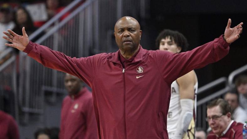 Feb 3, 2024; Louisville, Kentucky, USA; Florida State Seminoles head coach Leonard Hamilton reacts to a call during the second half against the Louisville Cardinals at KFC Yum! Center. Louisville defeated Florida State 101-92. Mandatory Credit: Jamie Rhodes-USA TODAY Sports