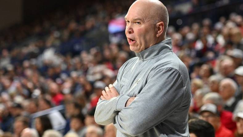 Feb 3, 2024; Spokane, Washington, USA; St. Mary's Gaels head coach Randy Bennett looks on against the Gonzaga Bulldogs in the first half at McCarthey Athletic Center. Mandatory Credit: James Snook-USA TODAY Sports