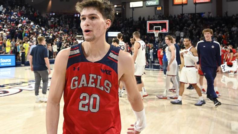 Feb 3, 2024; Spokane, Washington, USA; St. Mary's Gaels guard Aidan Mahaney (20) celebrates after a game against the Gonzaga Bulldogs in the second half at McCarthey Athletic Center. St. Mary's Gaels won 64-62. Mandatory Credit: James Snook-USA TODAY Sports