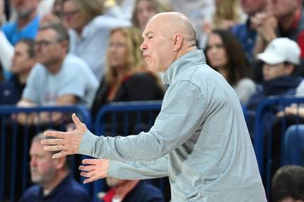 Feb 3, 2024; Spokane, Washington, USA; St. Mary's Gaels head coach Randy Bennett reacts after a play against the Gonzaga Bulldogs in the second half at McCarthey Athletic Center. St. Mary's Gaels won 64-62. Mandatory Credit: James Snook-USA TODAY Sports