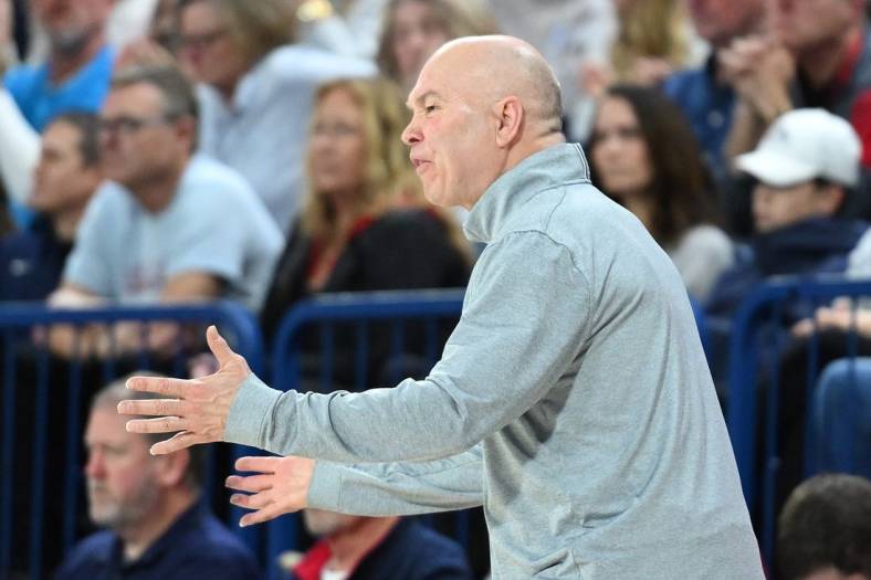Feb 3, 2024; Spokane, Washington, USA; St. Mary's Gaels head coach Randy Bennett reacts after a play against the Gonzaga Bulldogs in the second half at McCarthey Athletic Center. St. Mary's Gaels won 64-62. Mandatory Credit: James Snook-USA TODAY Sports