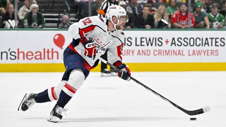 Jan 27, 2024; Dallas, Texas, USA; Washington Capitals center Evgeny Kuznetsov (92) in action during the game between the Dallas Stars and the Washington Capitals at the American Airlines Center. Mandatory Credit: Jerome Miron-USA TODAY Sports