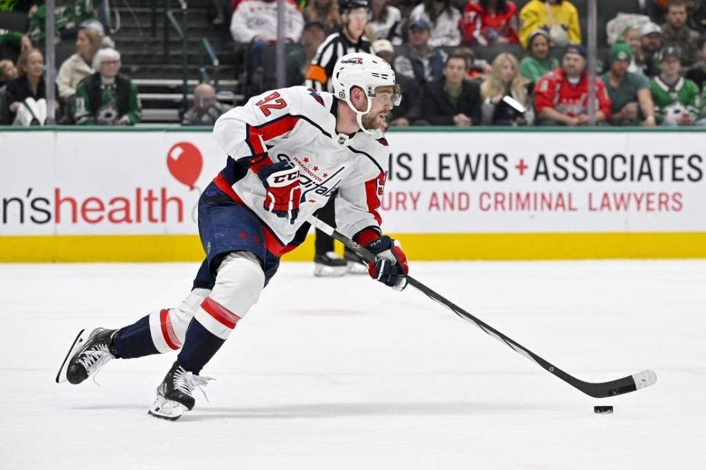 Jan 27, 2024; Dallas, Texas, USA; Washington Capitals center Evgeny Kuznetsov (92) in action during the game between the Dallas Stars and the Washington Capitals at the American Airlines Center. Mandatory Credit: Jerome Miron-USA TODAY Sports