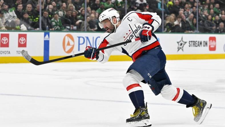 Jan 27, 2024; Dallas, Texas, USA; Washington Capitals left wing Alex Ovechkin (8) in action during the game between the Dallas Stars and the Washington Capitals at the American Airlines Center. Mandatory Credit: Jerome Miron-USA TODAY Sports