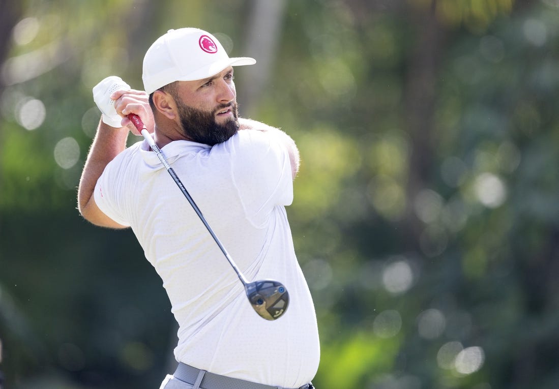 Feb 4, 2024; Playa del Carmen, Quintana Roo, MEX; Jon Rahm of Team Legion XIII tees off on #7 during the final round of the LIV Golf Mayakoba tournament at El Chamaleon Golf Course. Mandatory Credit: Erich Schlegel-USA TODAY Sports