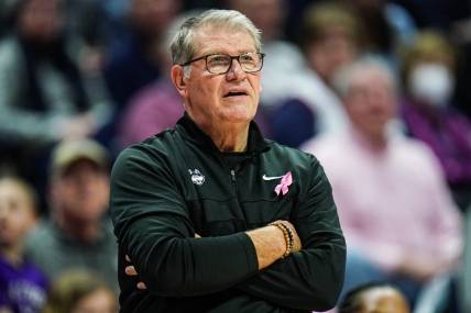Feb 4, 2024; Storrs, Connecticut, USA; UConn Huskies head coach Geno Auriemma watches from the sidelines they take on the St. John's Red Storm at Harry A. Gampel Pavilion. Mandatory Credit: David Butler II-USA TODAY Sports
