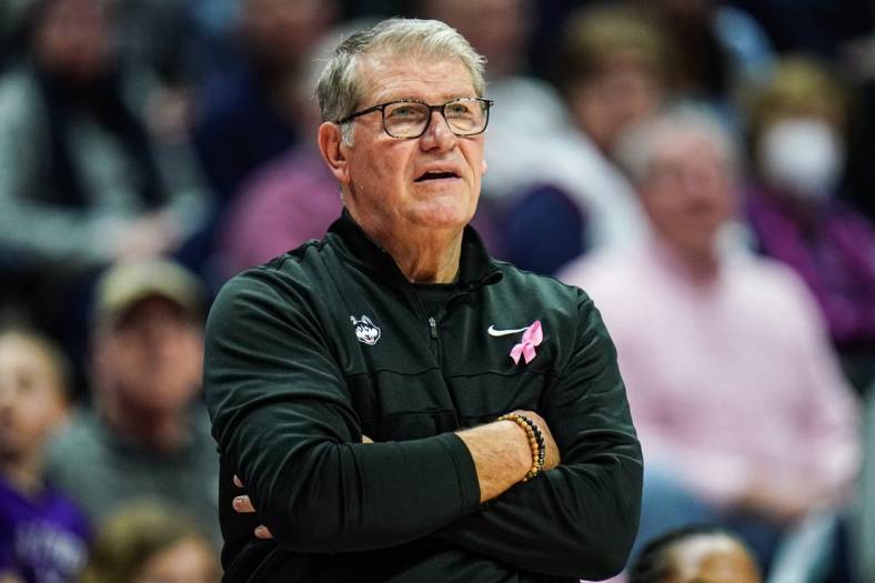 Feb 4, 2024; Storrs, Connecticut, USA; UConn Huskies head coach Geno Auriemma watches from the sidelines they take on the St. John's Red Storm at Harry A. Gampel Pavilion. Mandatory Credit: David Butler II-USA TODAY Sports