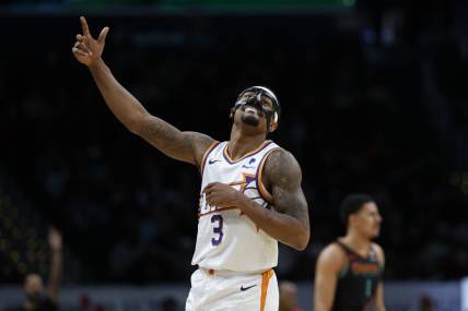 Feb 4, 2024; Washington, District of Columbia, USA; Phoenix Suns guard Bradley Beal (3) celebrates after a three point field goal against the Washington Wizards in the second half at Capital One Arena. Mandatory Credit: Geoff Burke-USA TODAY Sports