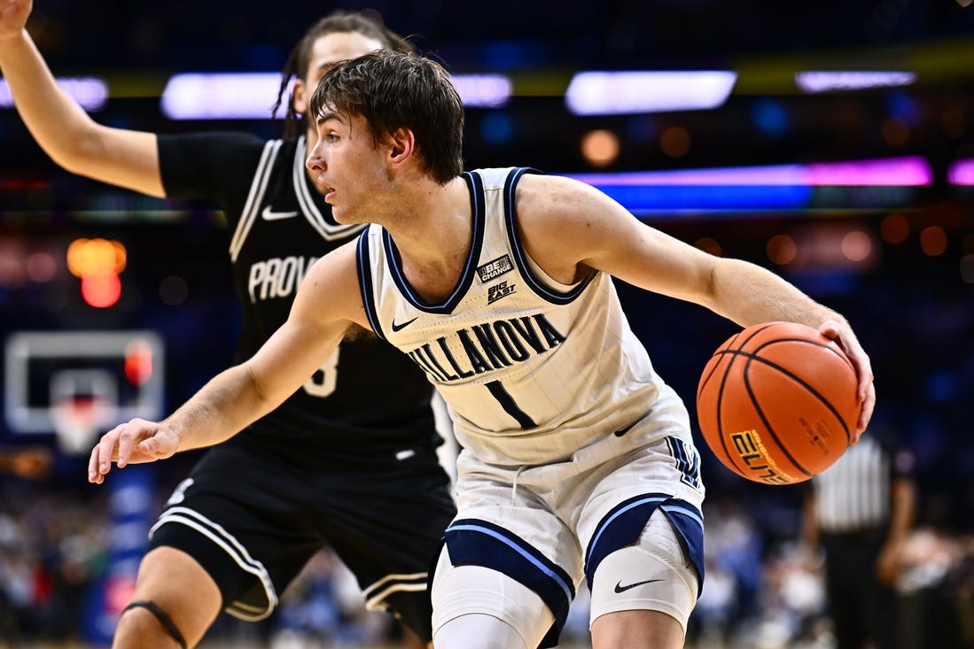 Feb 4, 2024; Philadelphia, Pennsylvania, USA; Villanova Wildcats guard Brendan Hausen (1) controls the ball against the Providence Friars in the second half at Wells Fargo Center. Mandatory Credit: Kyle Ross-USA TODAY Sports