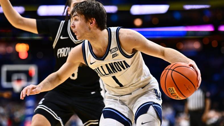 Feb 4, 2024; Philadelphia, Pennsylvania, USA; Villanova Wildcats guard Brendan Hausen (1) controls the ball against the Providence Friars in the second half at Wells Fargo Center. Mandatory Credit: Kyle Ross-USA TODAY Sports