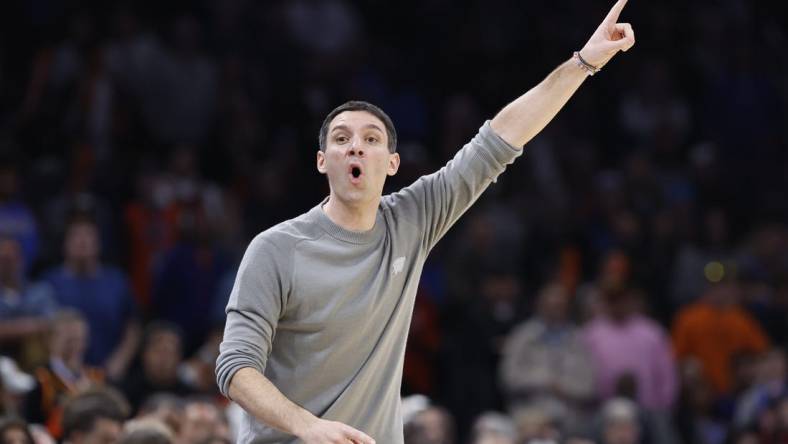 Feb 4, 2024; Oklahoma City, Oklahoma, USA; Oklahoma City Thunder head coach Mark Daigneault gestures to his team on a play against the Toronto Raptors during the second half at Paycom Center. Mandatory Credit: Alonzo Adams-USA TODAY Sports