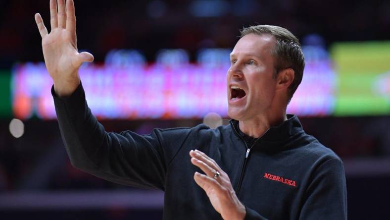 Feb 4, 2024; Champaign, Illinois, USA;  Nebraska Cornhuskers Head Coach Fred Hoiberg reacts during the second half against the Illinois Fighting Illini at State Farm Center. Mandatory Credit: Ron Johnson-USA TODAY Sports