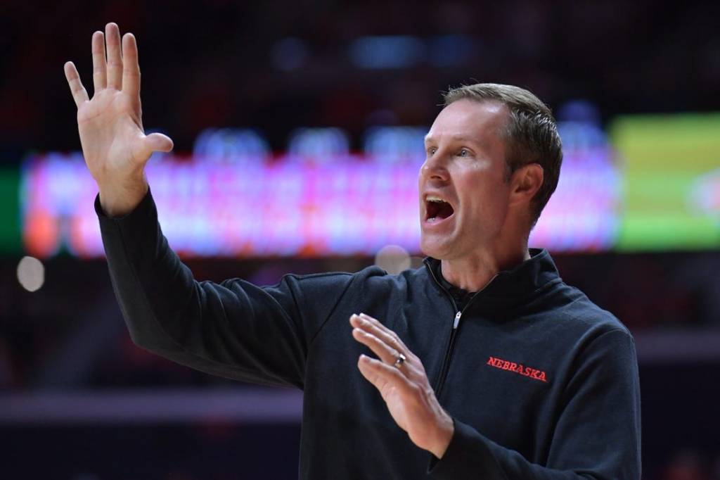 Feb 4, 2024; Champaign, Illinois, USA;  Nebraska Cornhuskers Head Coach Fred Hoiberg reacts during the second half against the Illinois Fighting Illini at State Farm Center. Mandatory Credit: Ron Johnson-USA TODAY Sports