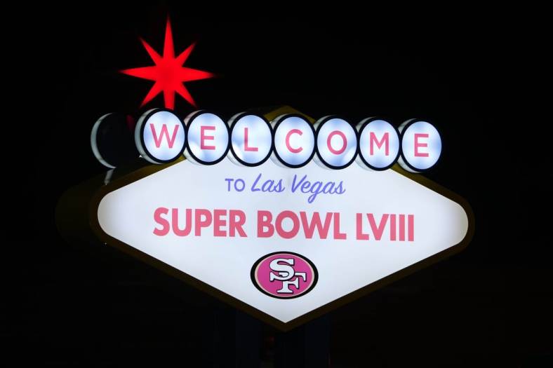 Feb 4, 2024; Las Vegas, NV, USA; A Welcome to Las Vegas Super Bowl LVIII sign with San Francisco 49ers logo at the Harry Reid International Airport. Mandatory Credit: Kirby Lee-USA TODAY Sports