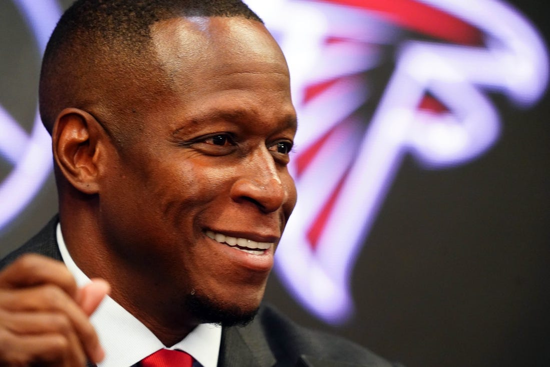 Feb 5, 2024; Atlanta, GA, USA; Raheem Morris address the media after being introduced as the new head coach of the Atlanta Falcons at Mercedes-Benz Stadium. Mandatory Credit: John David Mercer-USA TODAY Sports