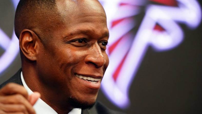 Feb 5, 2024; Atlanta, GA, USA; Raheem Morris address the media after being introduced as the new head coach of the Atlanta Falcons at Mercedes-Benz Stadium. Mandatory Credit: John David Mercer-USA TODAY Sports