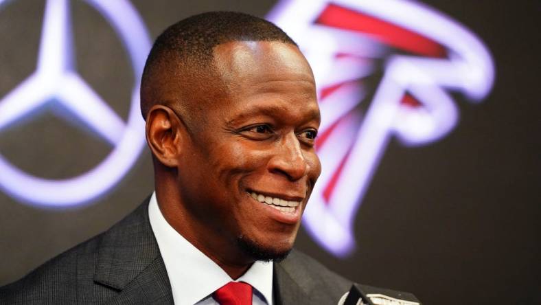 Feb 5, 2024; Atlanta, GA, USA; Raheem Morris address the media after being introduced as the new head coach of the Atlanta Falcons at Mercedes-Benz Stadium. Mandatory Credit: John David Mercer-USA TODAY Sports