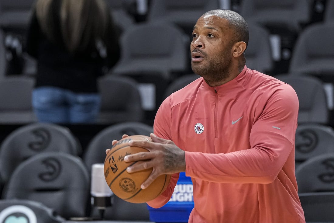 Feb 5, 2024; Atlanta, Georgia, USA; LA Clippers forward P.J. Tucker (17) shown on the court prior to the game against the Atlanta Hawks at State Farm Arena. Mandatory Credit: Dale Zanine-USA TODAY Sports