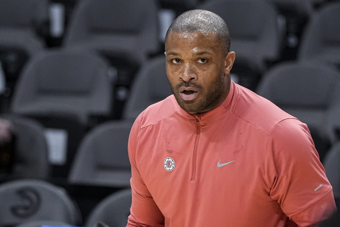 Feb 5, 2024; Atlanta, Georgia, USA; LA Clippers forward P.J. Tucker (17) shown on the court prior to the game against the Atlanta Hawks at State Farm Arena. Mandatory Credit: Dale Zanine-USA TODAY Sports