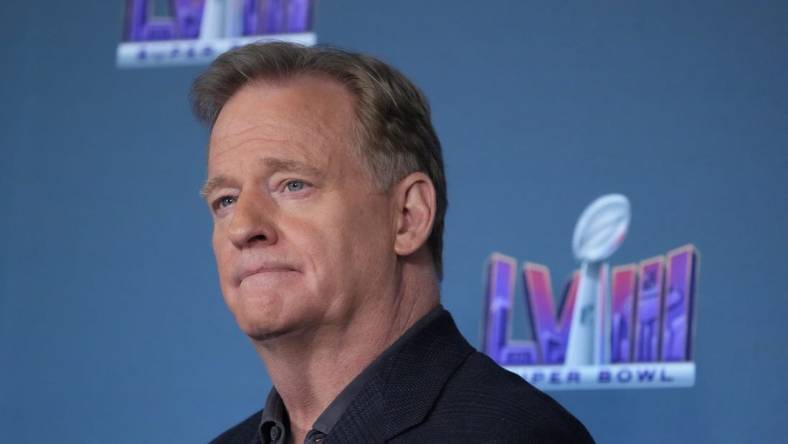 Feb 5, 2024; Las Vegas, NV, USA; NFL commissioner Roger Goodell speaks at a press conference in advance of Super Bowl LVIII between the Kansas City Chiefs and San Francisco 49ers at Allegiant Stadium. Mandatory Credit: Kirby Lee-USA TODAY Sports