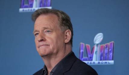 Feb 5, 2024; Las Vegas, NV, USA; NFL commissioner Roger Goodell speaks at a press conference in advance of Super Bowl LVIII between the Kansas City Chiefs and San Francisco 49ers at Allegiant Stadium. Mandatory Credit: Kirby Lee-USA TODAY Sports