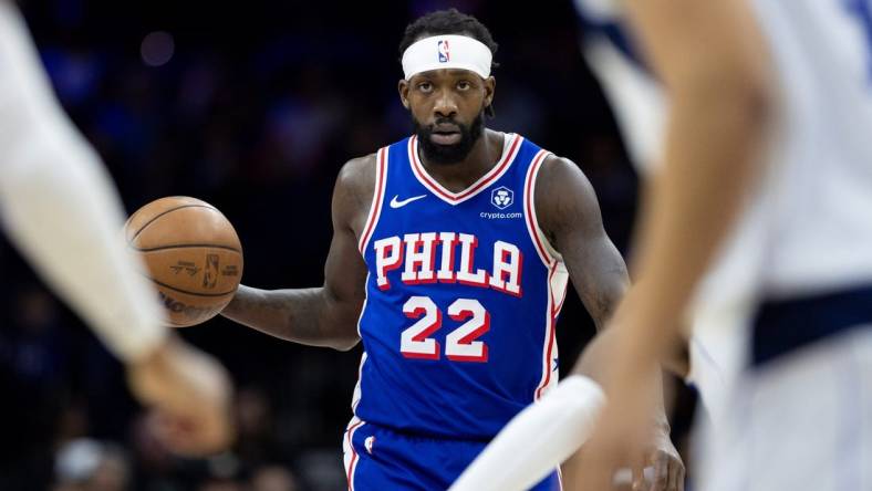 Feb 5, 2024; Philadelphia, Pennsylvania, USA; Philadelphia 76ers guard Patrick Beverley (22) dribbles the ball against the Dallas Mavericks during the fourth quarter at Wells Fargo Center. Mandatory Credit: Bill Streicher-USA TODAY Sports