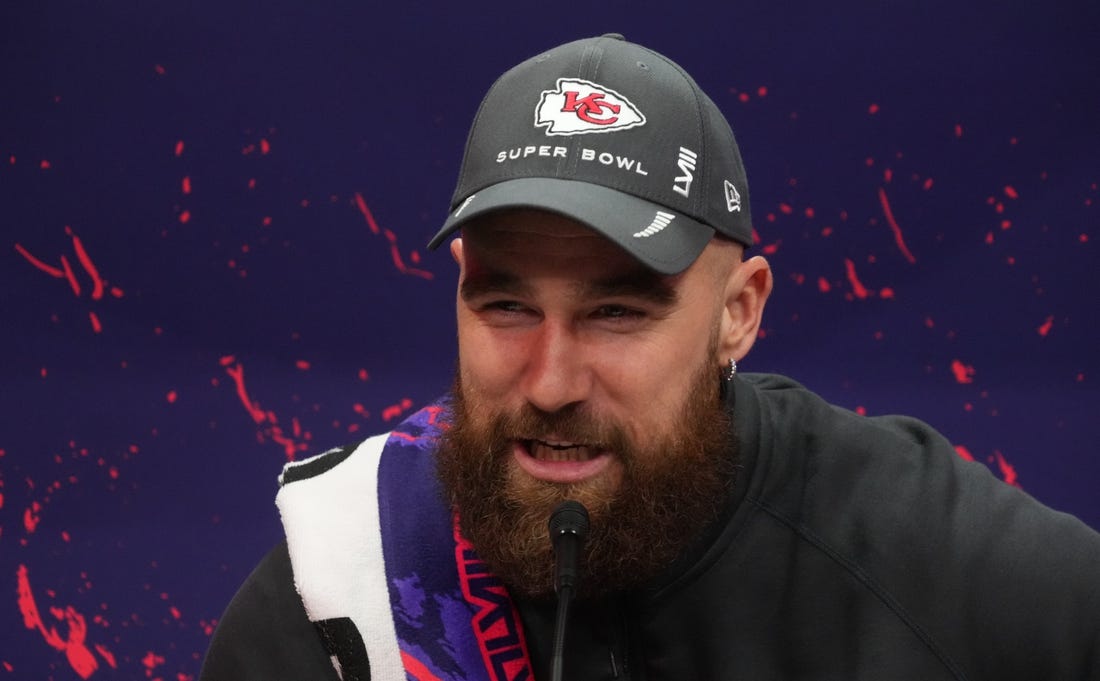 Feb 5, 2024; Las Vegas, NV, USA; Kansas City Chiefs tight end Travis Kelce (87) during Super Bowl LVIII Opening Night at Allegiant Stadium. Mandatory Credit: Kirby Lee-USA TODAY Sports