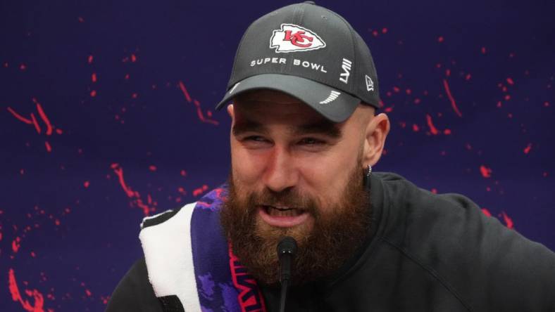 Feb 5, 2024; Las Vegas, NV, USA; Kansas City Chiefs tight end Travis Kelce (87) during Super Bowl LVIII Opening Night at Allegiant Stadium. Mandatory Credit: Kirby Lee-USA TODAY Sports