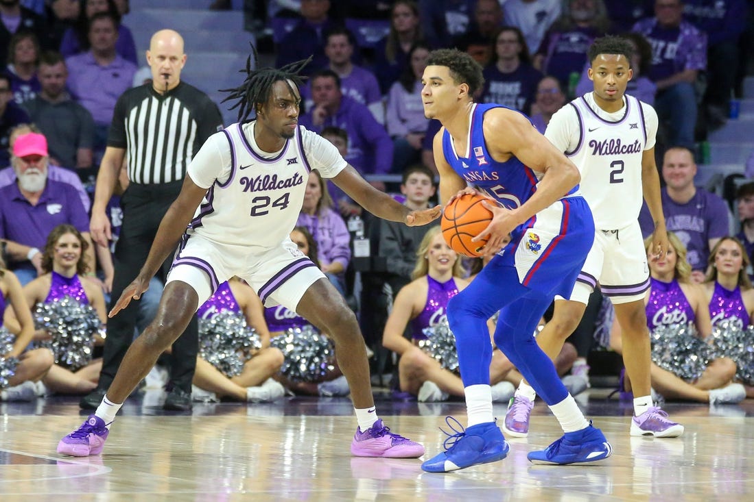 Feb 5, 2024; Manhattan, Kansas, USA; Kansas Jayhawks guard Kevin McCullar Jr. (15) is guarded by Kansas State Wildcats forward Arthur Maluma (24) during the first half at Bramlage Coliseum. Mandatory Credit: Scott Sewell-USA TODAY Sports