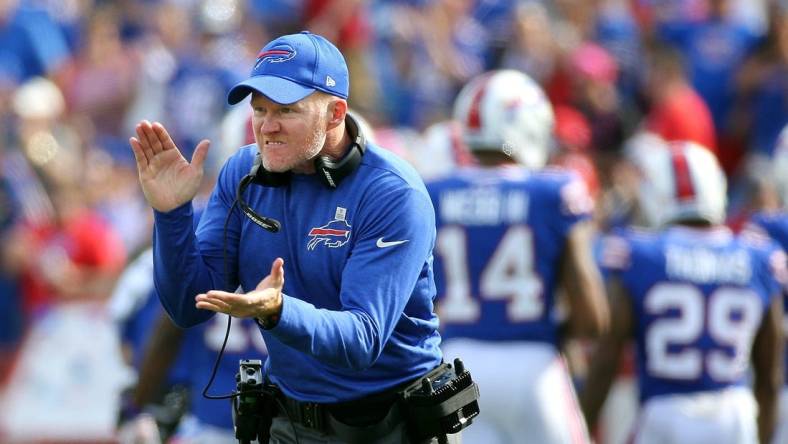 Bills head coach Sean McDermott is fired up after a field goal.