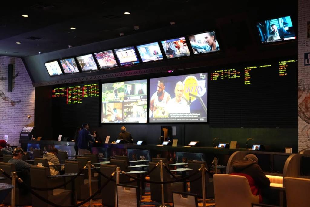 Feb 6, 2024; Las Vegas, NV, USA; The BetMGM Sportsbook at the Luxor hotel and casino. Mandatory Credit: Kirby Lee-USA TODAY Sports