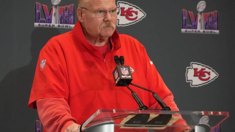 Feb 6, 2024; Las Vegas, NV, USA; Kansas City Chiefs head coach Andy Reid speaks during a press conference before Super Bowl LVIII at Westin Lake Las Vegas Resort and Spa. Mandatory Credit: Kirby Lee-USA TODAY Sports