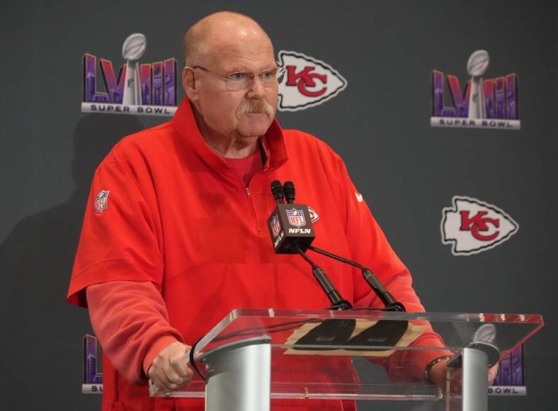 Feb 6, 2024; Las Vegas, NV, USA; Kansas City Chiefs head coach Andy Reid speaks during a press conference before Super Bowl LVIII at Westin Lake Las Vegas Resort and Spa. Mandatory Credit: Kirby Lee-USA TODAY Sports