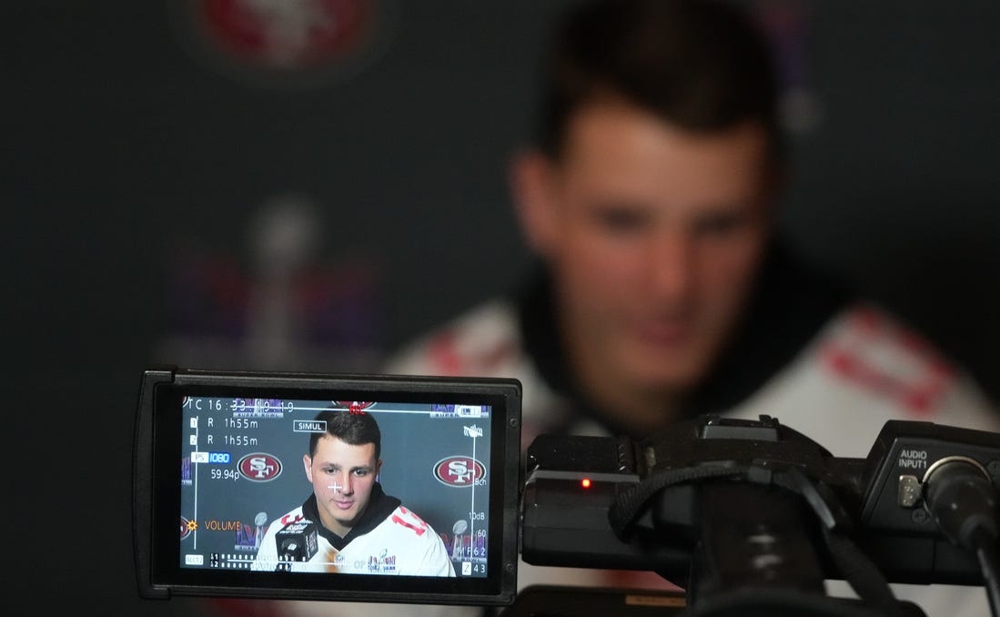 Feb 6, 2024; Las Vegas, NV, USA; San Francisco 49ers quarterback Brock Purdy (13) is interviewed during a press conference before Super Bowl LVIII at the Hilton Lake Las Vegas Resort. Mandatory Credit: Kirby Lee-USA TODAY Sports