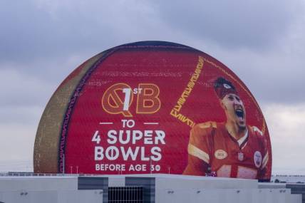 February 6, 2024; Las Vegas, NV, USA;  Kansas City Chiefs quarterback Patrick Mahomes is displayed on Super Bowl LVIII signage on The Sphere. Mandatory Credit: Kyle Terada-USA TODAY Sports