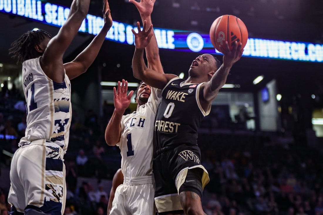 Feb 6, 2024; Atlanta, Georgia, USA; Wake Forest Demon Deacons guard Kevin Miller (0) shoots against the Georgia Tech Yellow Jackets in the first half at McCamish Pavilion. Mandatory Credit: Brett Davis-USA TODAY Sports