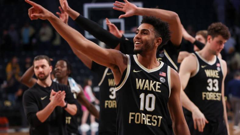 Feb 6, 2024; Atlanta, Georgia, USA; Wake Forest Demon Deacons guard Abramo Canka (10) reacts after a victory against the Georgia Tech Yellow Jackets at McCamish Pavilion. Mandatory Credit: Brett Davis-USA TODAY Sports