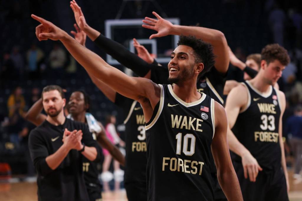 Feb 6, 2024; Atlanta, Georgia, USA; Wake Forest Demon Deacons guard Abramo Canka (10) reacts after a victory against the Georgia Tech Yellow Jackets at McCamish Pavilion. Mandatory Credit: Brett Davis-USA TODAY Sports