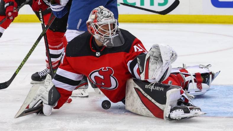 Feb 6, 2024; Newark, New Jersey, USA; New Jersey Devils goaltender Vitek Vanecek (41) makes a save against the Colorado Avalanche during the third period at Prudential Center. Mandatory Credit: Ed Mulholland-USA TODAY Sports