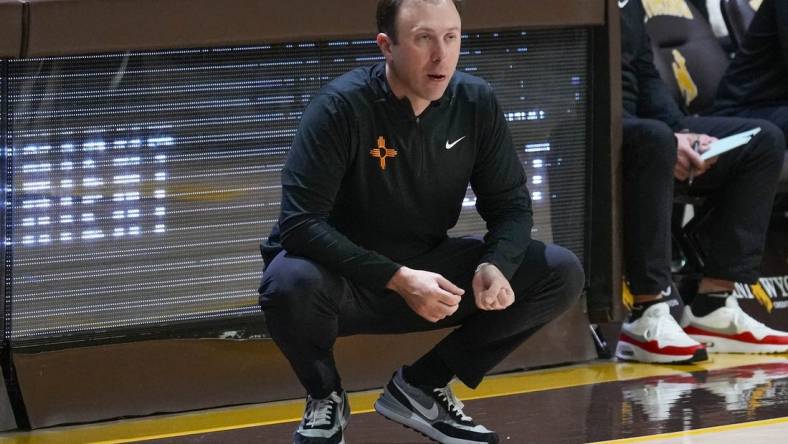 Feb 6, 2024; Laramie, Wyoming, USA; New Mexico Lobos head coach Richard Pitino reacts against the Wyoming Cowboys during the second half at Arena-Auditorium. Mandatory Credit: Troy Babbitt-USA TODAY Sports