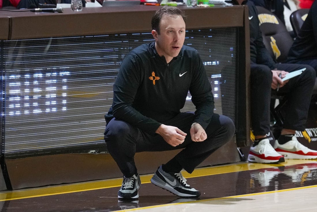 Feb 6, 2024; Laramie, Wyoming, USA; New Mexico Lobos head coach Richard Pitino reacts against the Wyoming Cowboys during the second half at Arena-Auditorium. Mandatory Credit: Troy Babbitt-USA TODAY Sports