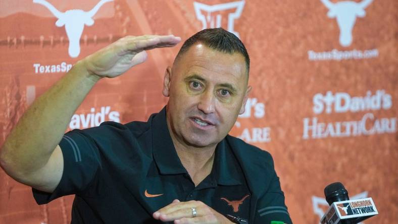 Longhorns Head coach Steve Sarkisian answer questions from the local news media during the first press conferences for the 2023 football season on August 1, 2023.