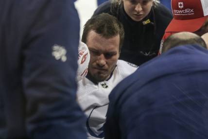 Feb 7, 2024; New York, New York, USA; Tampa Bay Lightning defenseman Mikhail Sergachev (98) reacts after suffering an injury in the second period against the New York Rangers at Madison Square Garden. Mandatory Credit: Wendell Cruz-USA TODAY Sports