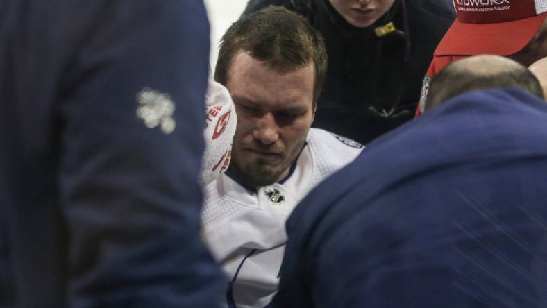 Feb 7, 2024; New York, New York, USA; Tampa Bay Lightning defenseman Mikhail Sergachev (98) reacts after suffering an injury in the second period against the New York Rangers at Madison Square Garden. Mandatory Credit: Wendell Cruz-USA TODAY Sports