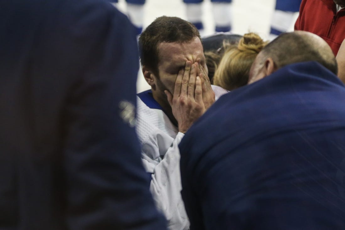 Feb 7, 2024; New York, New York, USA; Tampa Bay Lightning defenseman Mikhail Sergachev (98) reacts after suffering an injury in the second period against the New York Rangers at Madison Square Garden. Mandatory Credit: Wendell Cruz-USA TODAY Sports